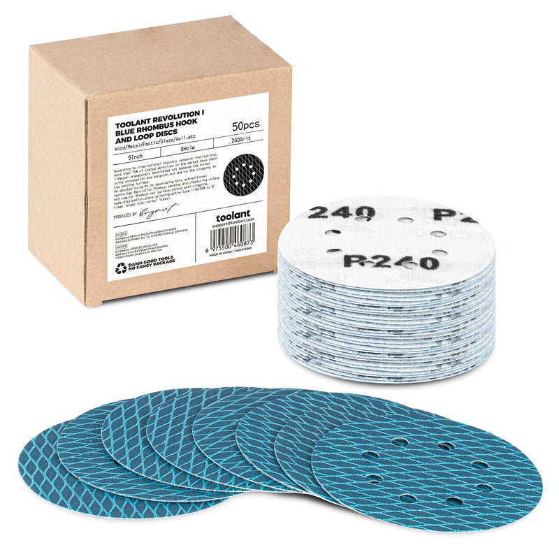 toolant Diamond Shape 5 Inch 240 Grit Sanding Disc, Revolutionary Patent 8 Hole Hook and Loop Sanding Discs for Random Disc Sanders & Orbital Sanders (50Pack) by - Image 1